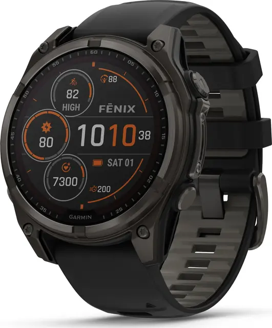 Garmin fenix 8 51 mm Solar Sapphire Karbongrå DLC-titan sort/grå silikonrem 