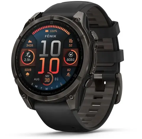 Garmin fenix 8 47 mm AMOLED Sapphire Karbongr&#229; DLC-titan med sort silikonrem